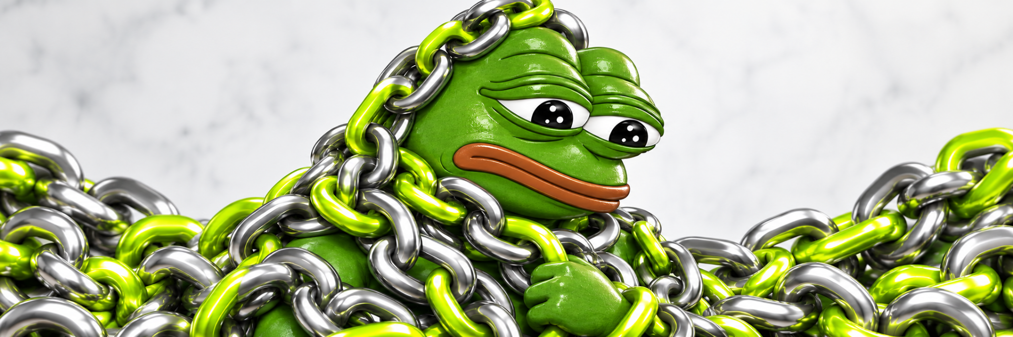 Twined Pepe in a landscape of silver and green chains