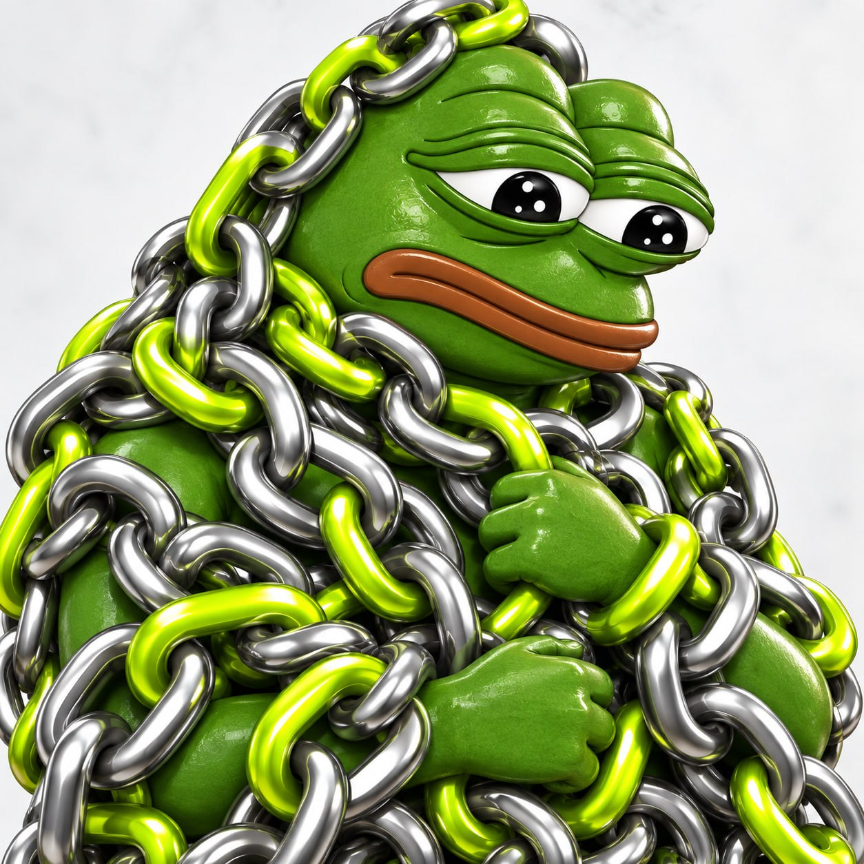 Twined Pepe wrapped in silver and green chains